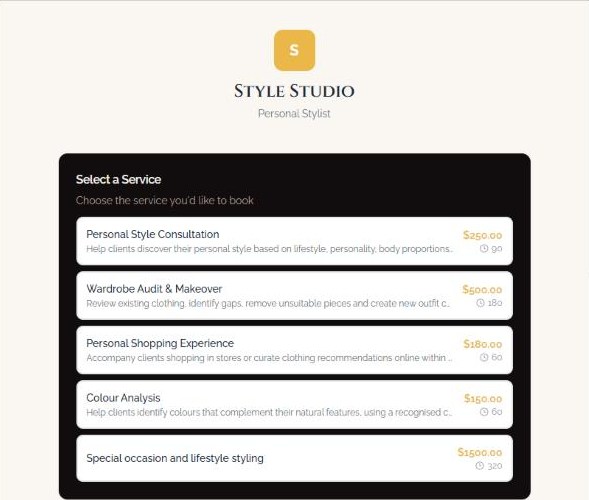 A stylist's public booking page listing services with prices and durations
