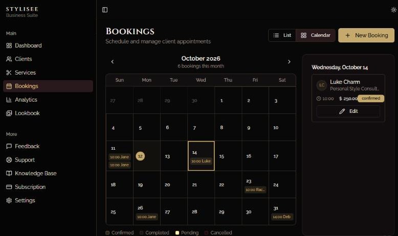 The bookings calendar showing a month of client appointments