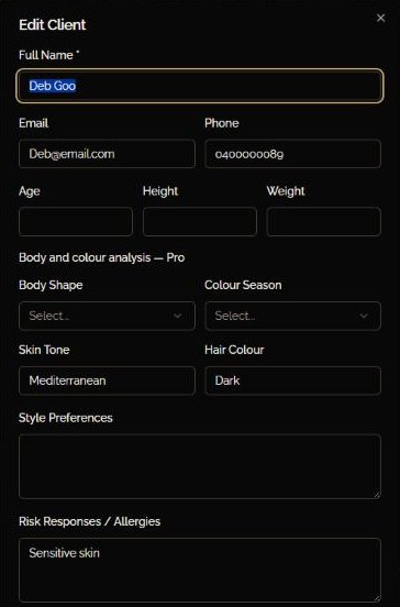 The client form with body shape, colour season, skin tone and hair colour fields